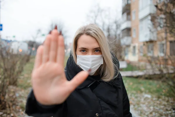 Young Woman Medical Face Mask Showing Stop Gesture Portrait Girl — Stock Photo, Image