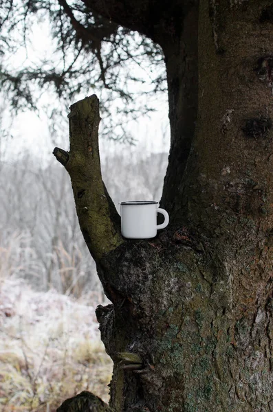 Steel mug with a hot drink standing on a tree, winter forest background. Steam rises from the cup. Concept of hot drink in winter, hiking in the forest. Vertical photo