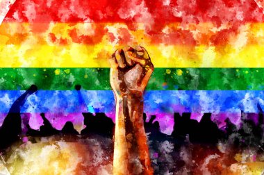 Eller havada, LGBT topluluğunun gökkuşağı bayrağı arka planında. Eşcinsel geçit töreni kavramı, LGBT, cinsel azınlıkların hakları için savaş. Suluboya