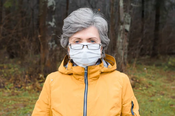 Portrait Elderly Woman Glasses Medical Face Mask Senior Woman Protective — Stock Photo, Image