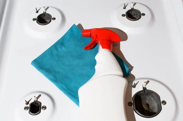 Chemical Cleaning Agent Spray Rag Lying Surface Gas Stove Top — Stock Photo, Image