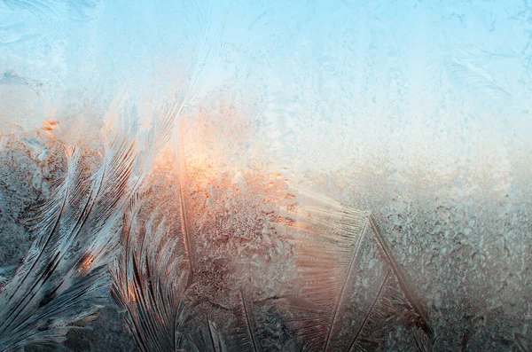 Close Frosty Patterns Window Ice Texture Glass Cold Morning Frozen — Stock Photo, Image