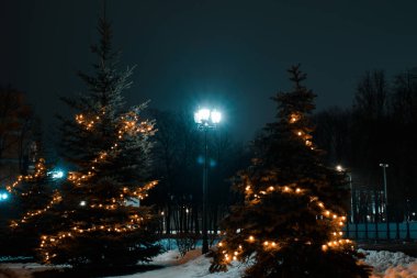 Klasik sokak lambası ve dışarıda Noel ışıklarıyla süslenmiş Noel ağaçları. Şehir sokakları kışın geceleri