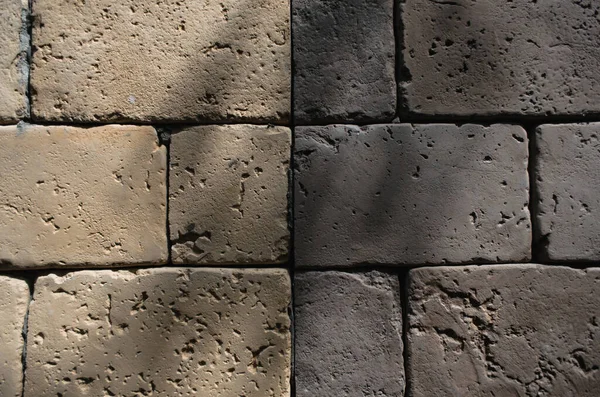 Textured Background Wall Yellow Brown Bricks Close Natural Light Shadow — Stock Photo, Image
