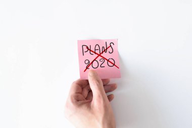 Karantina konsepti yüzünden yerine getirilmemiş hedefler. Beyaz duvardan çıkartma koparan bir el. Metin Planları 2020.