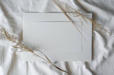 Yatay boş kağıt ve beyaz kumaşlı kuru sivri uçlu çiviler. Yaratıcı ruh hali modeli, alanı kopyala.