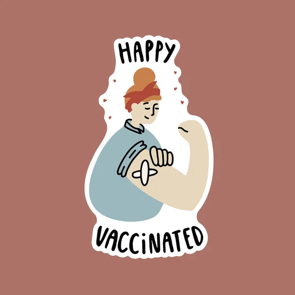 A rapariga foi vacinada contra o coronavírus. Mulher vacinada feliz e orgulhosa. Etiqueta com contorno branco. Ilustração isolada do vetor. — Vetor de Stock
