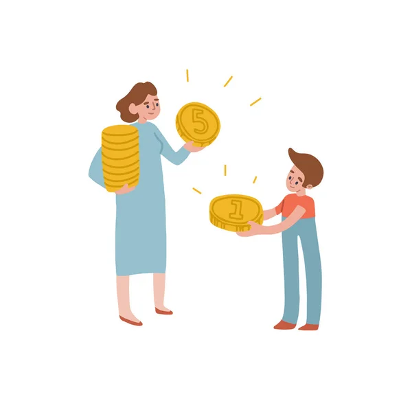 A mãe dá dinheiro ao filho. A mulher e o rapaz têm dinheiro. Finanças infantis. Ilustração vetorial totalmente editável isolada. — Vetor de Stock