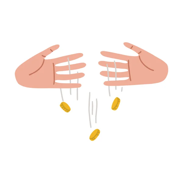 Pérdida de dinero. Desperdicio del presupuesto. El dinero gotea entre tus dedos. Las monedas caen de las manos. Ilustración vectorial aislada totalmente editable sobre fondo blanco. — Vector de stock