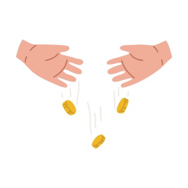 Bir çocuk yüzünden para kaybı. Çocuklar için harcanan bütçe. Para çocukların parmaklarından akar. Bozuk paralar çocukların elinden düşer. Beyaz arkaplanda tam olarak düzenlenebilir illüstrasyon izole edildi.