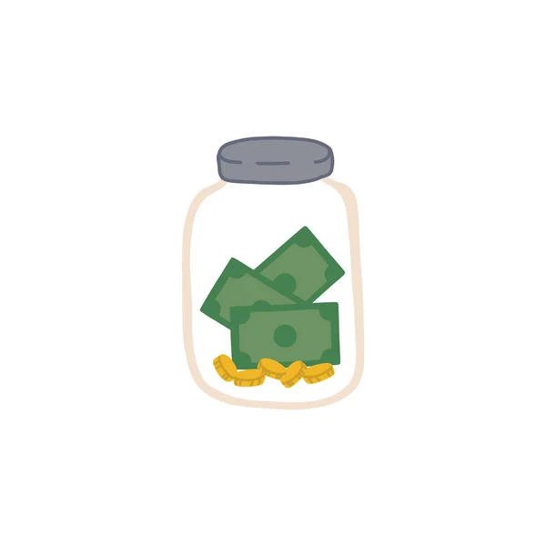 Γυάλινο βάζο με χρυσά monts και πράσινα χαρτονομίσματα. Μαζεύω λεφτά. Διάνυσμα απομονωμένη πλήρως επεξεργάσιμη απεικόνιση σε λευκό φόντο. — Διανυσματικό Αρχείο
