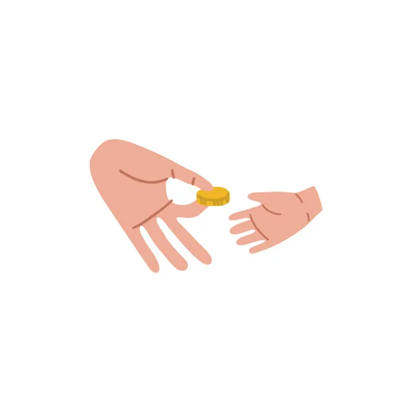 Un adulto le da dinero de bolsillo a un niño. Una mano adulta extiende una moneda de oro a una mano infantil. Educación financiera, presupuesto para niños. Ilustración vectorial aislada totalmente editable sobre fondo blanco. — Vector de stock