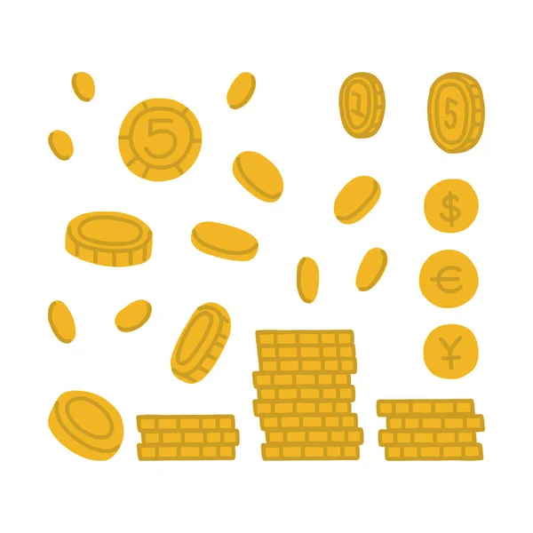 Monete d'oro in diverse angolazioni e con diversi dettagli. Monete gialle in un mucchio, che volano lateralmente, raffigurate a mezzo giro e dal lato anteriore. Illustrazione isolata vettoriale su sfondo bianco. — Vettoriale Stock