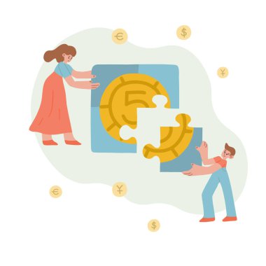 Anne ve oğlu bozuk parayla bir bulmaca hazırlıyorlar. Aile bütçesi, çocuk bütçesi. Finansal okuryazarlık. Paralar havada uçuşuyor. Beyaz arkaplanda izole vektör illüstrasyonu.