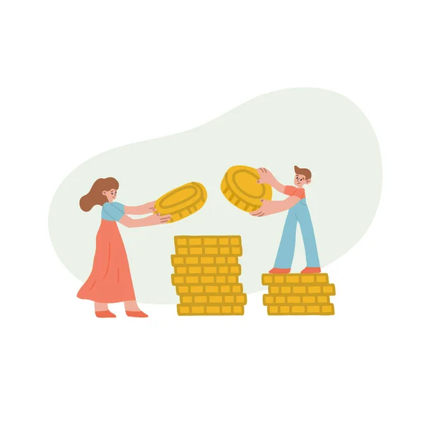 Mom and son are stacking coins in a pile. Financial literacy, family budget, childrens finance. Isolated vector fully editable illustration. — Stock Vector