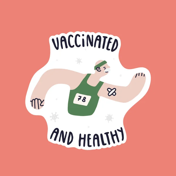 Vaccinated old man athlete runner in a green jersey and a green bandage on his head. Elderly Caucasian man with a plaster on his arm after vaccination. Vector isolated fully editable illustration. — Stockvektor