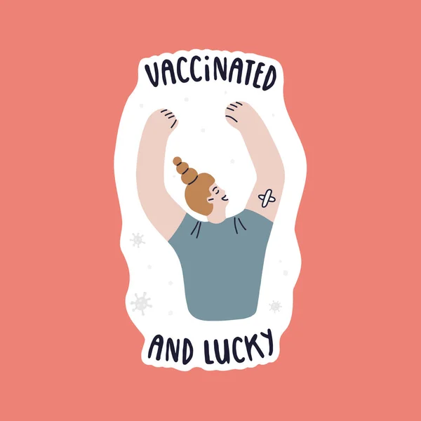 Lyckligt vaccinerad flicka. Den unga kvinnan är glad att hon vaccinerades. Vit tjej med rött hår i blå T-shirt. Vektor isolerad fullt redigerbar illustration. — Stock vektor