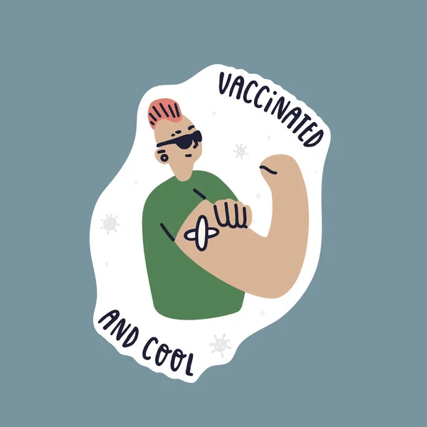 Vaccinated punk tough guy with mohawk and green t-shirt. Young man with mohawk and plaster after covid vaccination. Vector isolated fully editable illustration. — Vetor de Stock