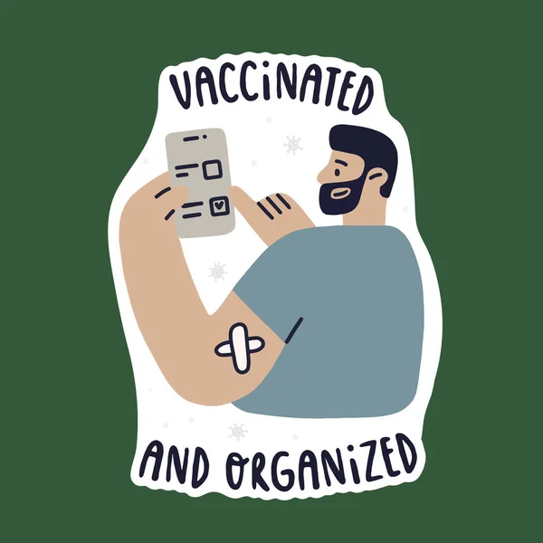 Vacciné organisé homme joyeux avec du plâtre sur l'épaule. L'homme qui a reçu le vaccin et coche la liste des choses à faire. Illustration isolée vectorielle entièrement modifiable. — Image vectorielle