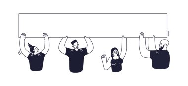 Afrikalı Amerikalılar hakları için savaşıyorlar. Afro kadınlar ve erkekler ırk ayrımcılığını protesto eden bir pankart tutuyorlar. Beyaz arkaplanda tam olarak düzenlenebilir illüstrasyon izole edildi.