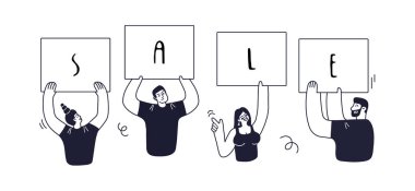 Gençlerin elinde satış duyurusu olan posterler var. Neşeli erkekler ve kadınlar satışı duyurmaktan mutluluk duyar. Gülümseyen kızlar ve satılık reklamları olan erkekler. Beyaz arkaplanda vektör illüstrasyonu.