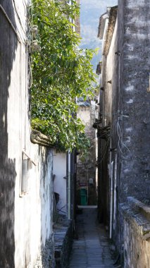 Güney Çin 'in kırsal kesimindeki eski binaları ve doğal çevresiyle eski güzel köy manzarası.