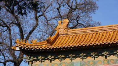 Tipik klasik Çin tapınak binaları kırmızı duvar, kapı ve altın kiremitlerle döşenmiştir.