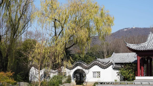 ドアと黄金のタイルの屋根の指定と典型的な中国の寺院の建物のビュー — ストック写真