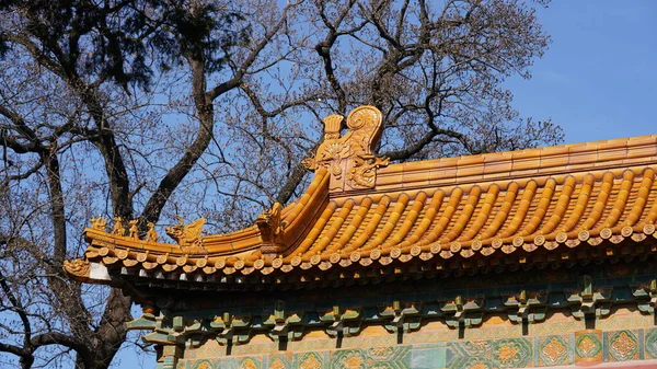 Tipik klasik Çin tapınak binaları kırmızı duvar, kapı ve altın kiremitlerle döşenmiştir.