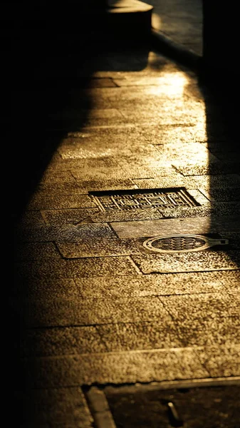 Warm Sunset Sunlight Projected Old Stone Floor Old Chinese Little — Stock Photo, Image