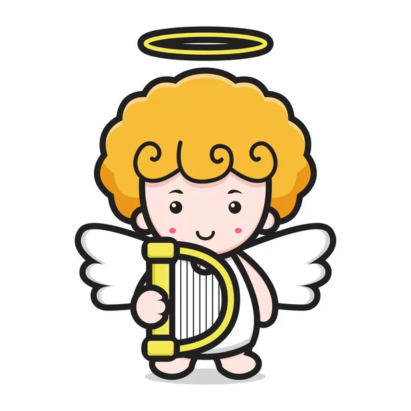 Cute Angel Cartoon Character Holding Harp — Stock Vector