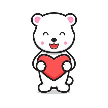 Kalbi tutan sevimli beyaz ayı çizgi film karakteri. tasarım beyaz arkaplanda izole edildi