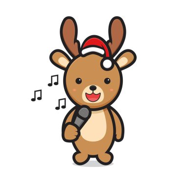 Geyik sevimli çizgi film karakteri şarkı söylüyor ve Noel Baba şapkası takıyor.