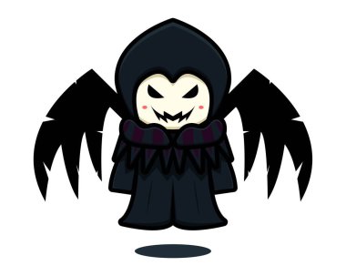 Siyah kanatlı sevimli kara cadı maskot karakteri vektör ikonu çizimi. Tasarım beyazda izole edildi. Düz çizgi film biçimi.