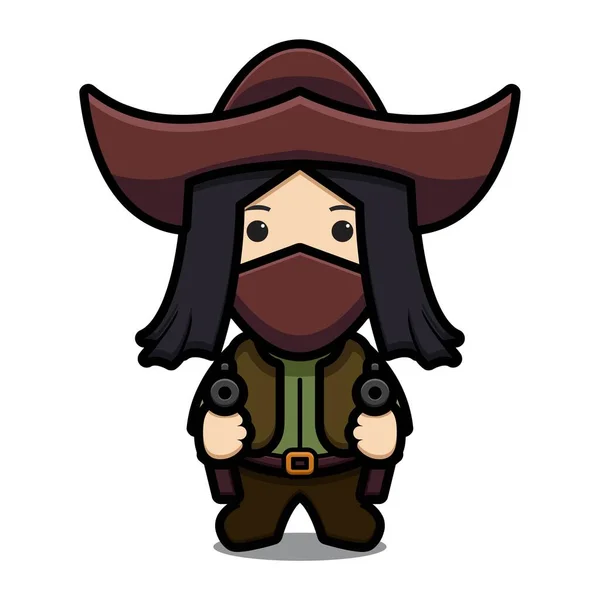 Cute Cowboy Usar Máscara Pronto Para Tiro Arma Desenho Animado — Vetor de Stock