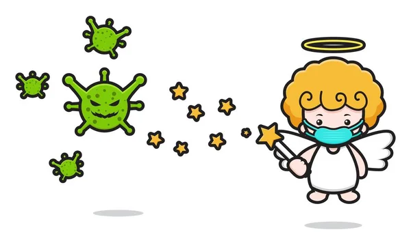 Linda Mascota Ángel Personaje Lucha Contra Virus Dibujos Animados Icono — Vector de stock