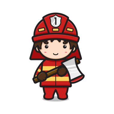 Elinde baltalı vektör ikonu çizimi tutan sevimli itfaiyeci karakteri. Meslek ikonu konsepti izole edilmiş vektör. Düz çizgi film biçimi