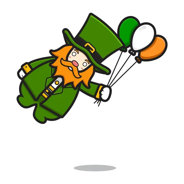 Cute Leprechaun Świętego Patricka Postać Dzień Latający Trzymając Balon Wektor — Wektor stockowy