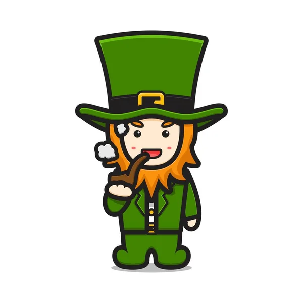 Mignon Leprechaun Saint Patrick Jour Personnage Pipe Fumer Dessin Animé — Image vectorielle