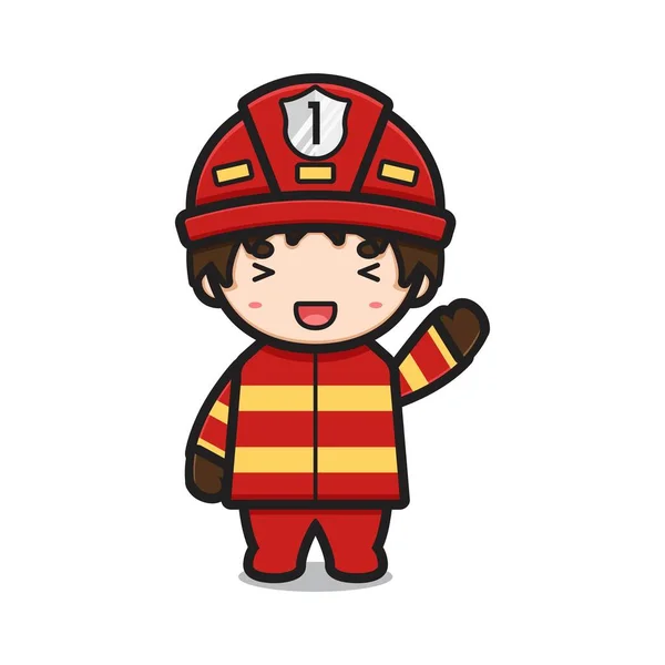 Lindo Personaje Bombero Ondeando Ilustración Vector Dibujos Animados Mano Profesión — Vector de stock