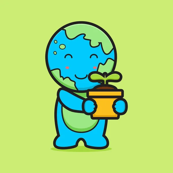 Cute Earth Mascot Character Hug Plant Cartoon Vector Icon Illustration — Stock Vector