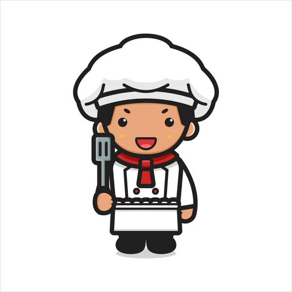 Mignon Chef Personnage Tenant Spatule Dessin Animé Vecteur Icône Illustration — Image vectorielle