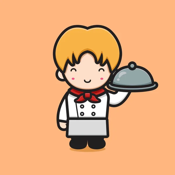 Lindo Personaje Del Chef Sosteniendo Ilustración Del Icono Del Vector — Vector de stock