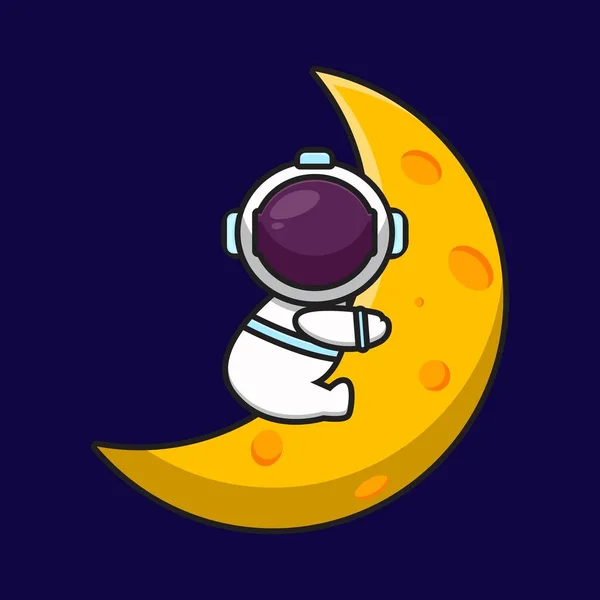 Carino Astronauta Personaggio Abbraccio Luna Cartone Animato Icona Vettoriale Illustrazione — Vettoriale Stock