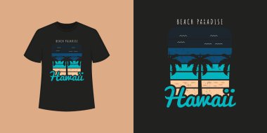 Hawaii Okyanusu Sahili tişört stili ve ağaç siluetleri, tipografi, baskı, vektör illüstrasyonlu moda kıyafet tasarımı.