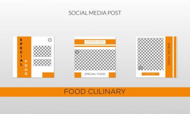 Gıda ve Mutfak Posta Şablonu Dijital Pazarlama için Sosyal Medya Afişleri. Promosyon markası. Hikayeler. Akıyor. Vektör İllüstrasyonu.
