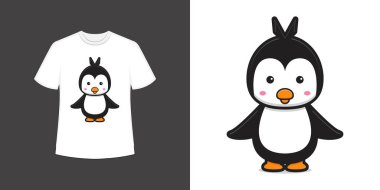 Şirin penguen maskotu tişört stili ve moda kıyafet tasarımı baskısı, vektör illüstrasyonu.