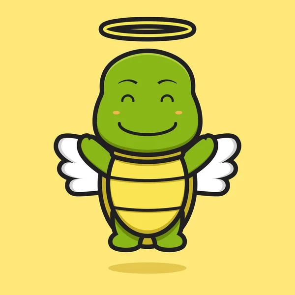 可爱的天使龟吉祥物人物与快乐的脸卡通人物图标插图 在黄色上隔离设计 平面卡通风格 — 图库矢量图片