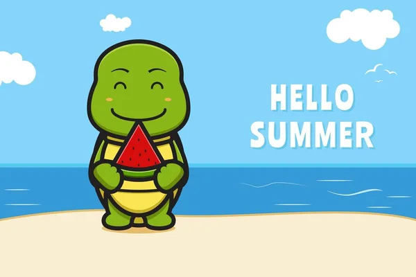 Cute Turtle Holding Watermelon Summer Greeting Banner Cartoon Vector Icon — Stock Vector