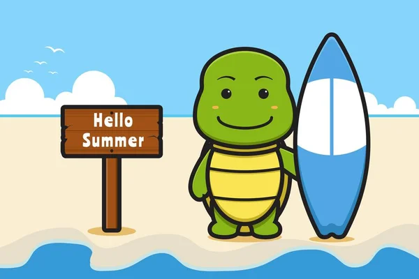 可爱的乌龟拿着一个夏季问候横幅漫画矢量图标图片的游泳板 设计隔离在蓝色 平面卡通风格 — 图库矢量图片